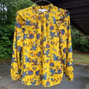 LOFT floral yellow blouse with ruffle trim